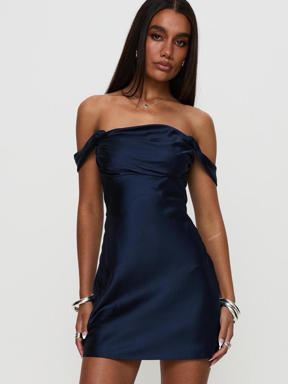 Princess Polly Navy Off-Shoulder Satin Mini Dress